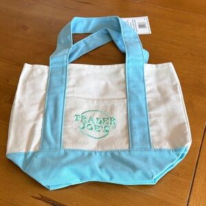 Trader Joe's Cream and Light Blue Canvas Tote Bag